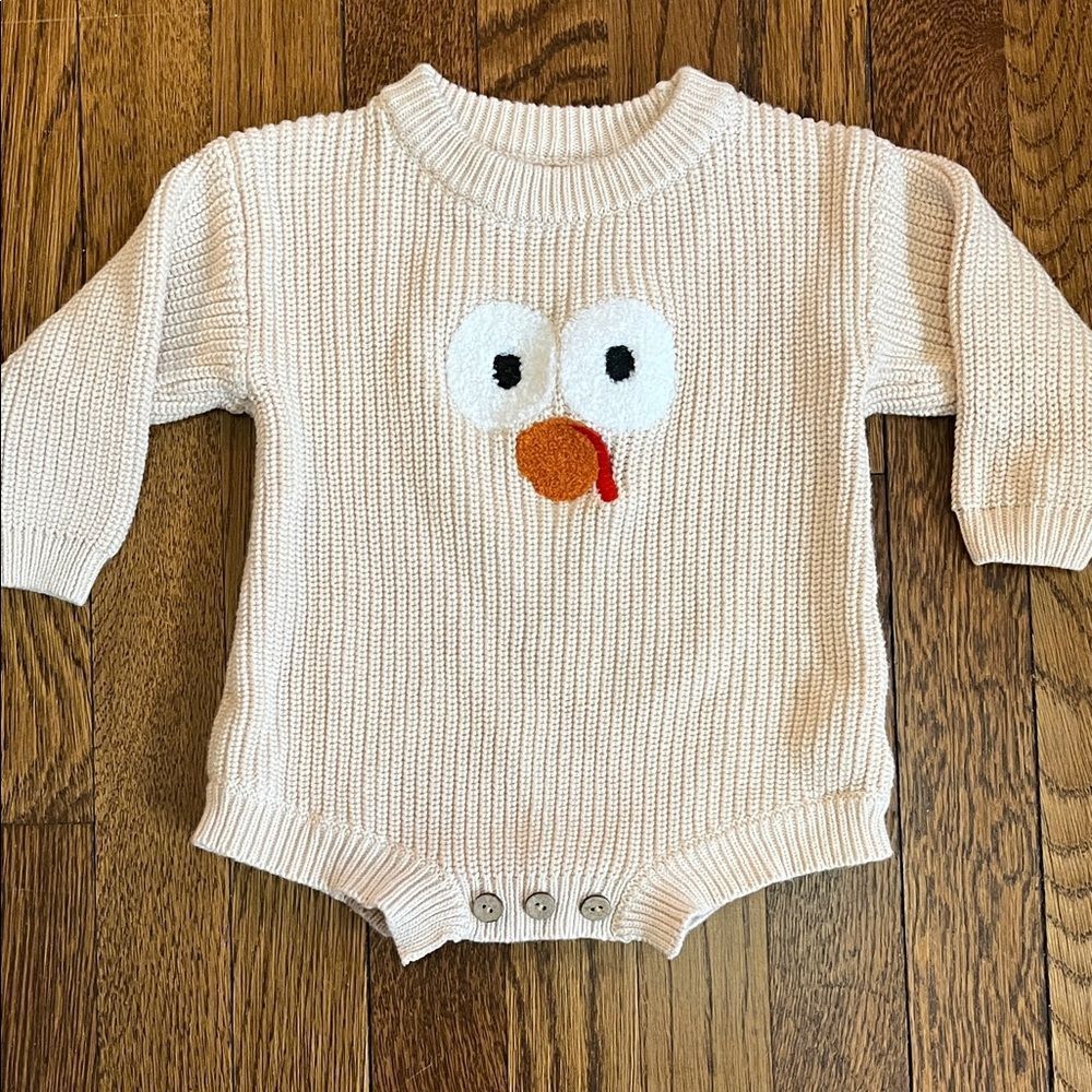 Cream Knit Baby Romper with Turkey Face Appliqué